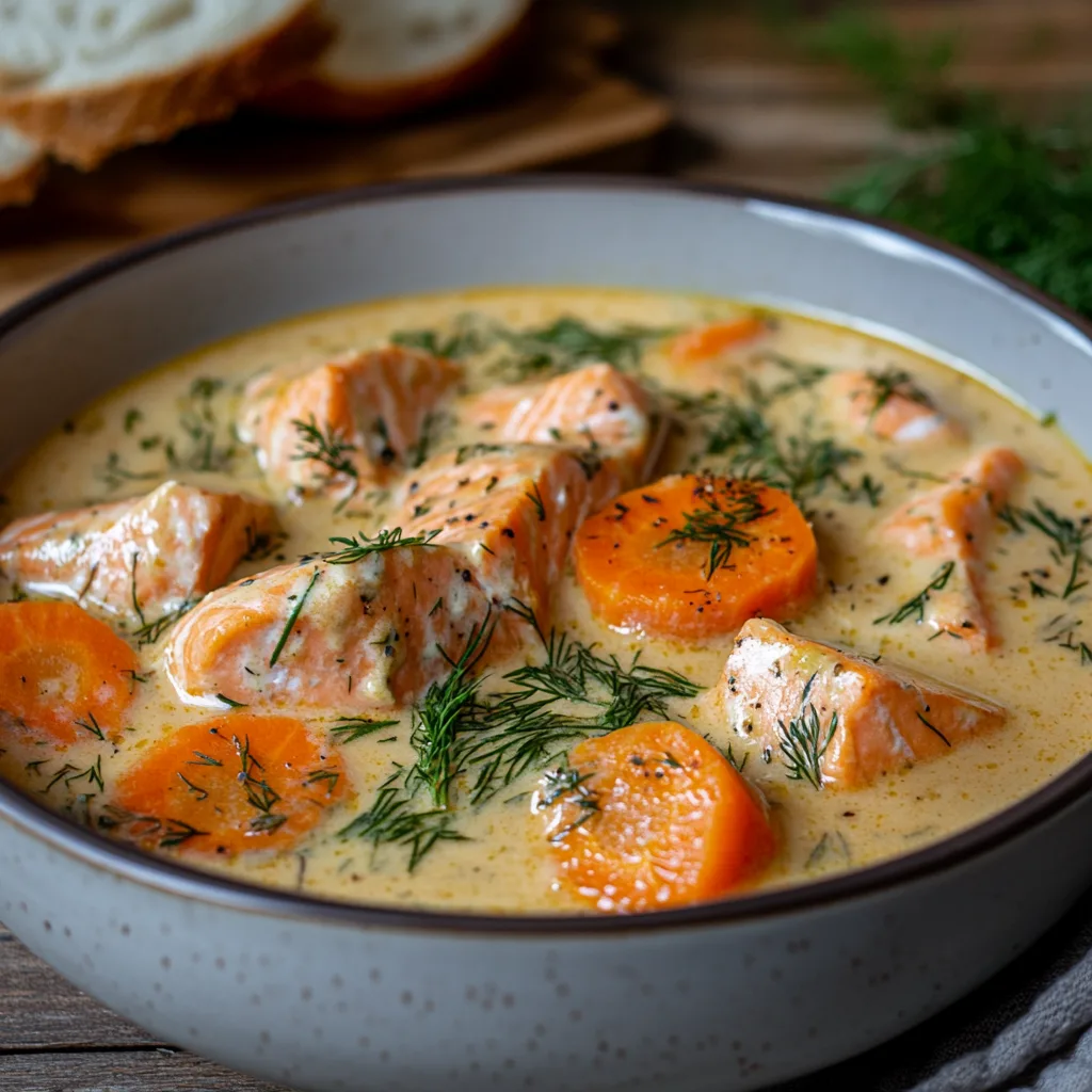 Närbild av en varm skål med krämig laxgryta med dill och citron, garnerad med färsk dill.