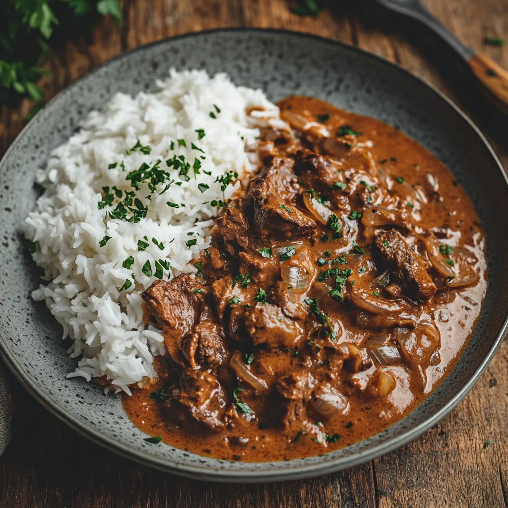 Närbild av en varm tallrik med klassisk biff stroganoff med syrlig crème fraîche, garnerad med färsk persilja.