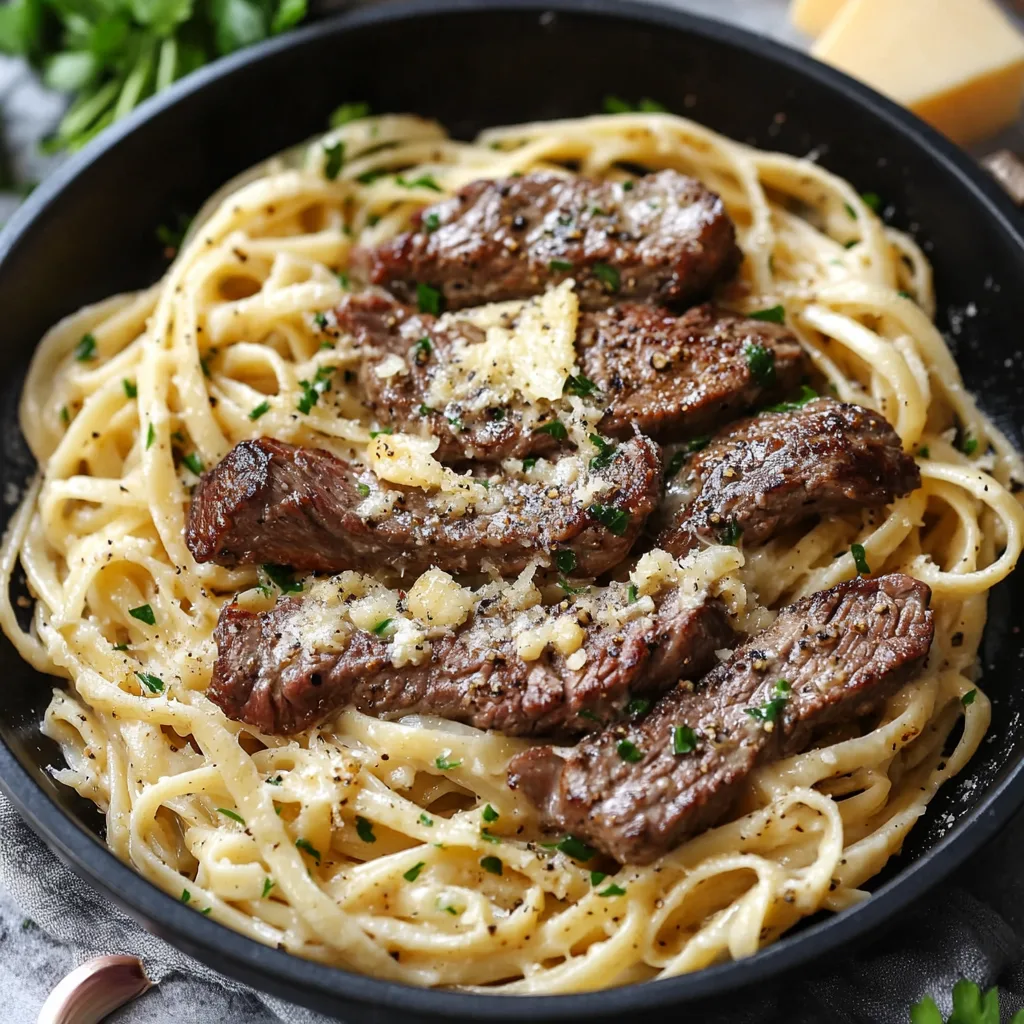 Närbild av en varm tallrik med krämig vitlök och parmesan steak pasta.