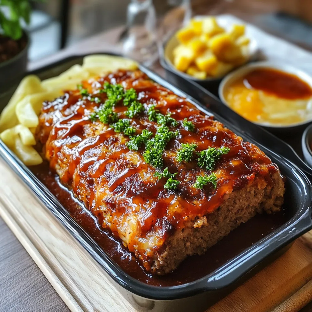 Närbild av en varm tallrik med BBQ-glaserad köttfärslimpa med rökt paprika och lök.