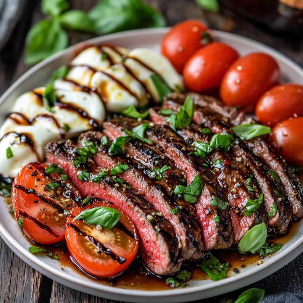 Närbild av en varm tallrik med Balsamico Caprese Flankstek.