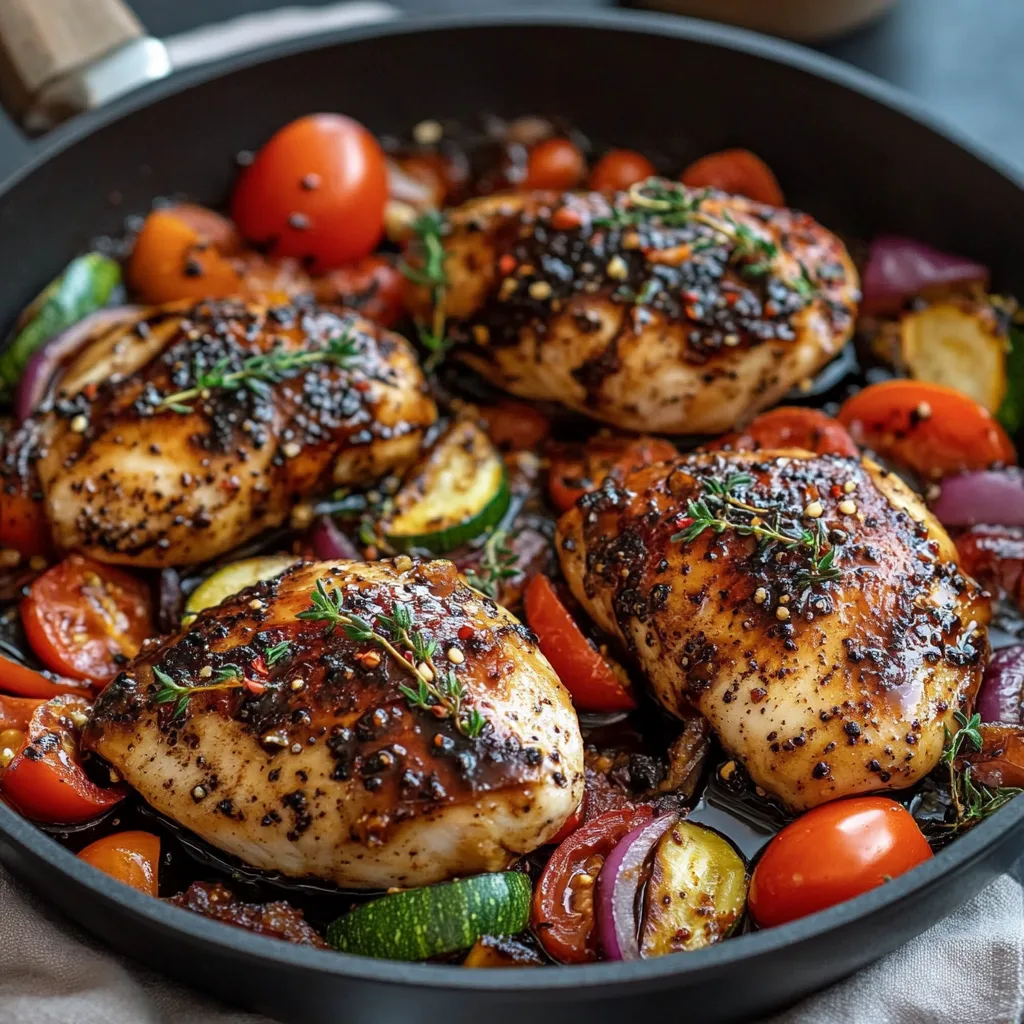 Närbild av en varm panna med balsamicglaserad kyckling och grönsaker, garnerad med färska örter