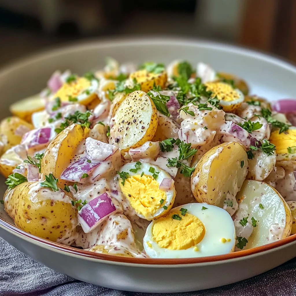Närbild av en varm skål med Bobby Flays enkla trick för en överlägsen potatissallad, garnerad med färska örter.