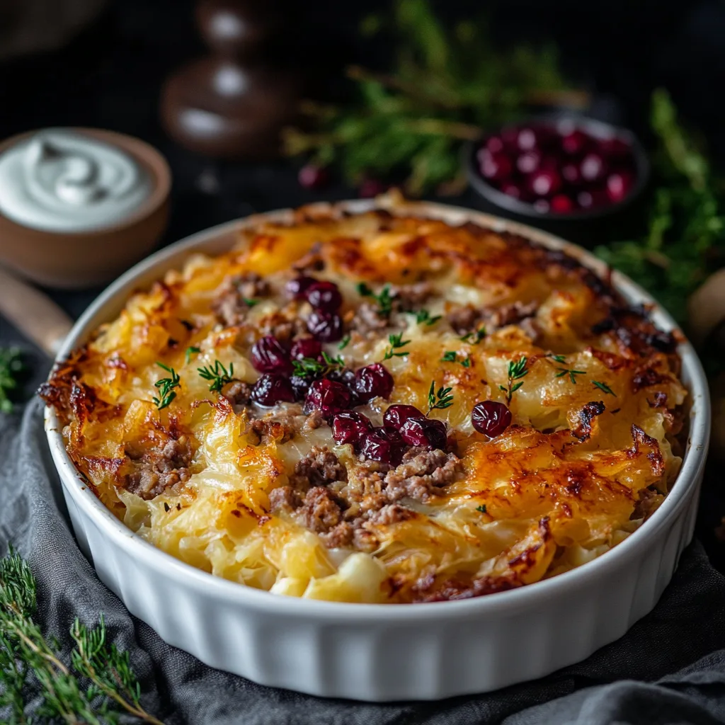 Närbild av en varm tallrik med kålpudding med lingon och potatis.