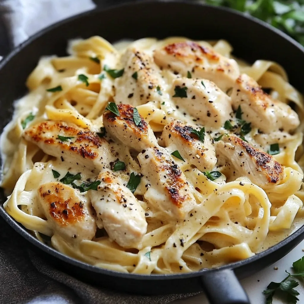 Närbild av en varm tallrik med kyckling Alfredo med fettuccine nudlar, garnerad med färsk persilja.