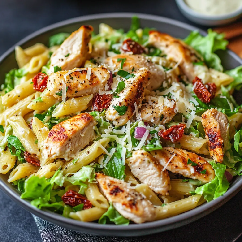 Närbild av en varm tallrik med kyckling Caesar pasta sallad.