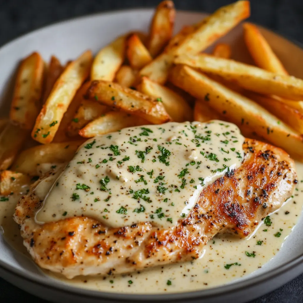 Närbild av en varm tallrik med vitlöks- och smörstekta biffbitar med krämig parmesansås, garnerad med färsk persilja.