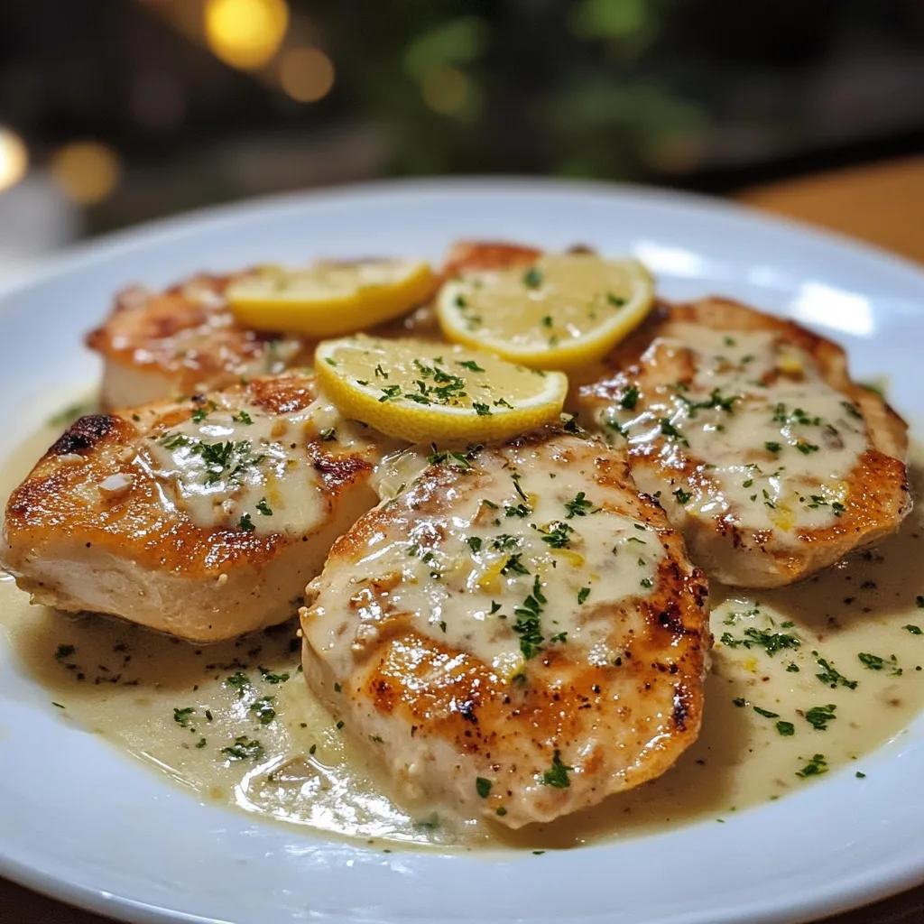 Närbild av en varm tallrik med kyckling med citron, parmesan och vitlökssmör, garnerad med färsk persilja.