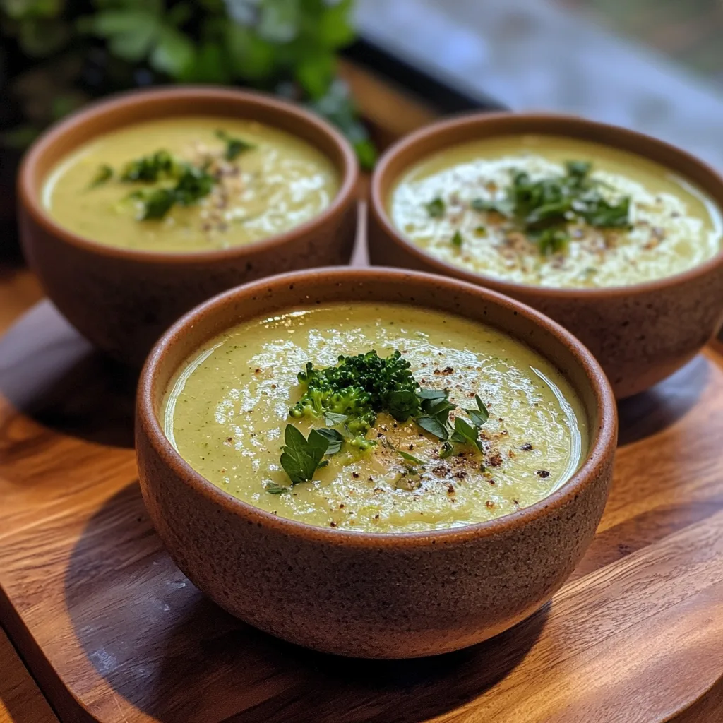 Närbild av en varm skål med krämig broccoli ost-soppa.