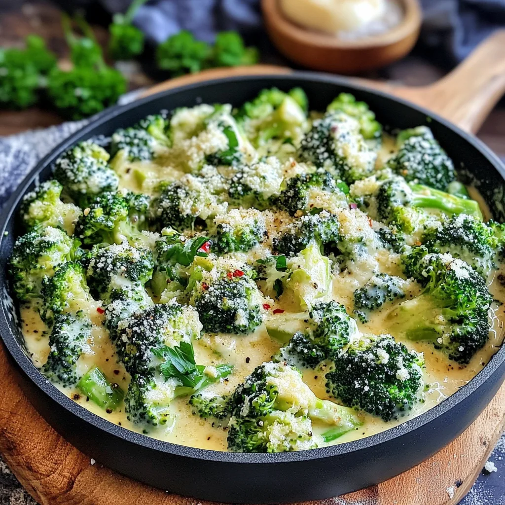 Närbild av en varm skål med krämig vitlöksparmesanbroccoli.