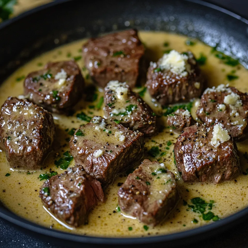 Närbild av en varm tallrik med krämiga parmesanbitar med biff, garnerade med färsk persilja.