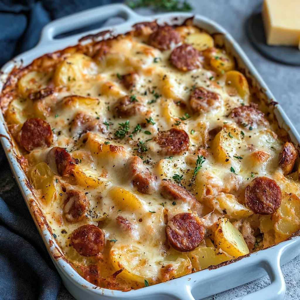 Närbild av en varm gratängform med krämig körv- och potatisgratäng, toppad med smält ost.