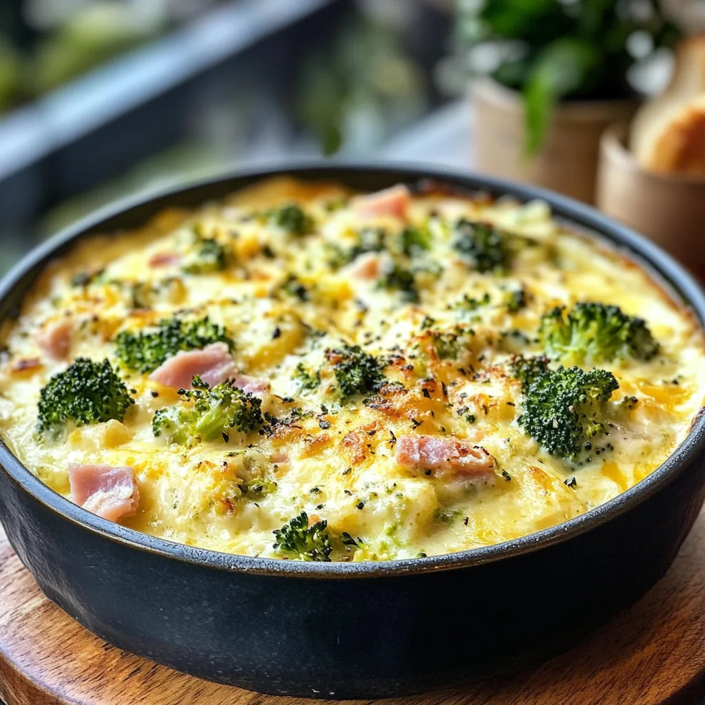 Närbild av en varm ugnsform med krämig broccoligratäng med rökt skinka och cheddar.
