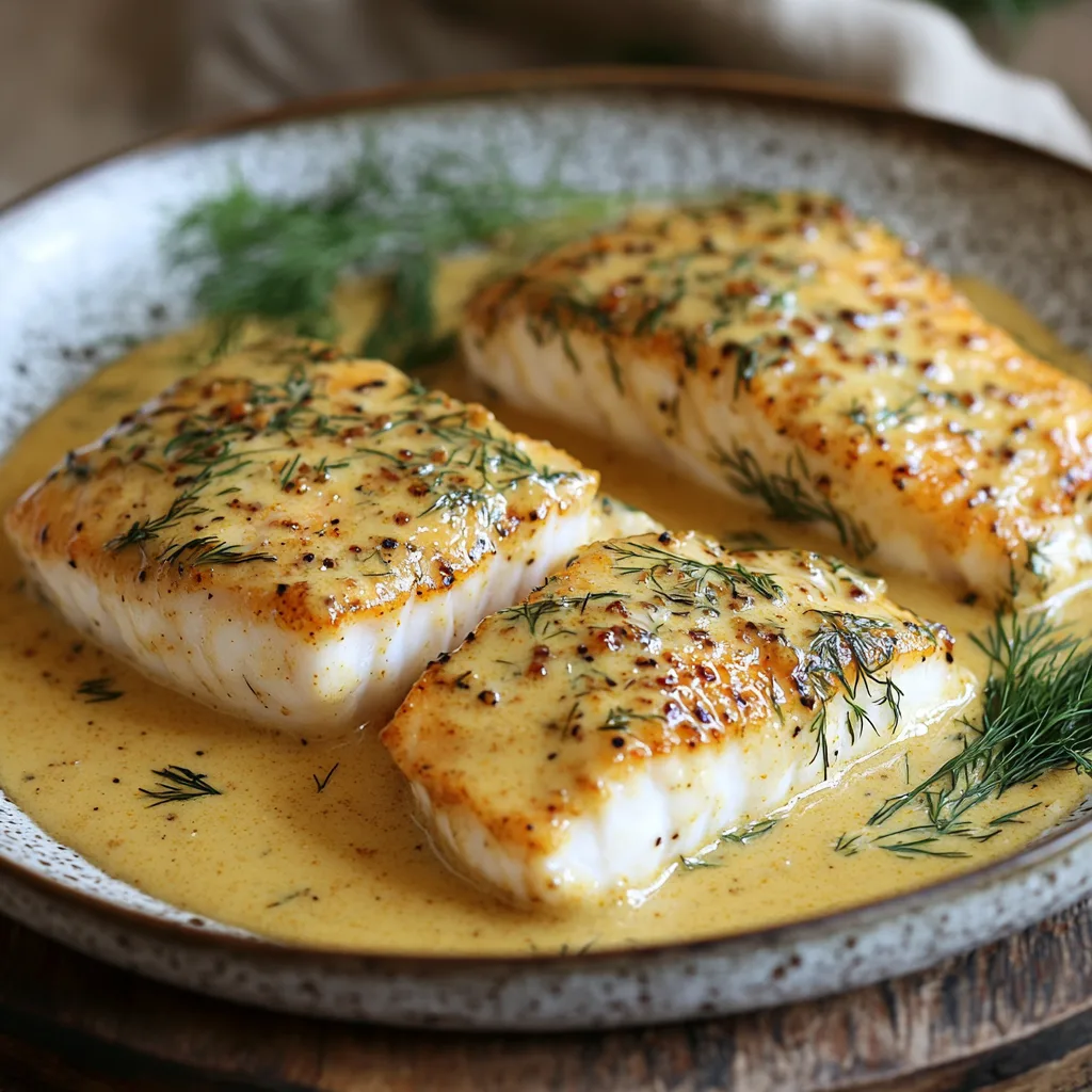 Närbild av en varm tallrik med fiskfiléer med dill-curry-honungssås, garnerad med färsk dill.