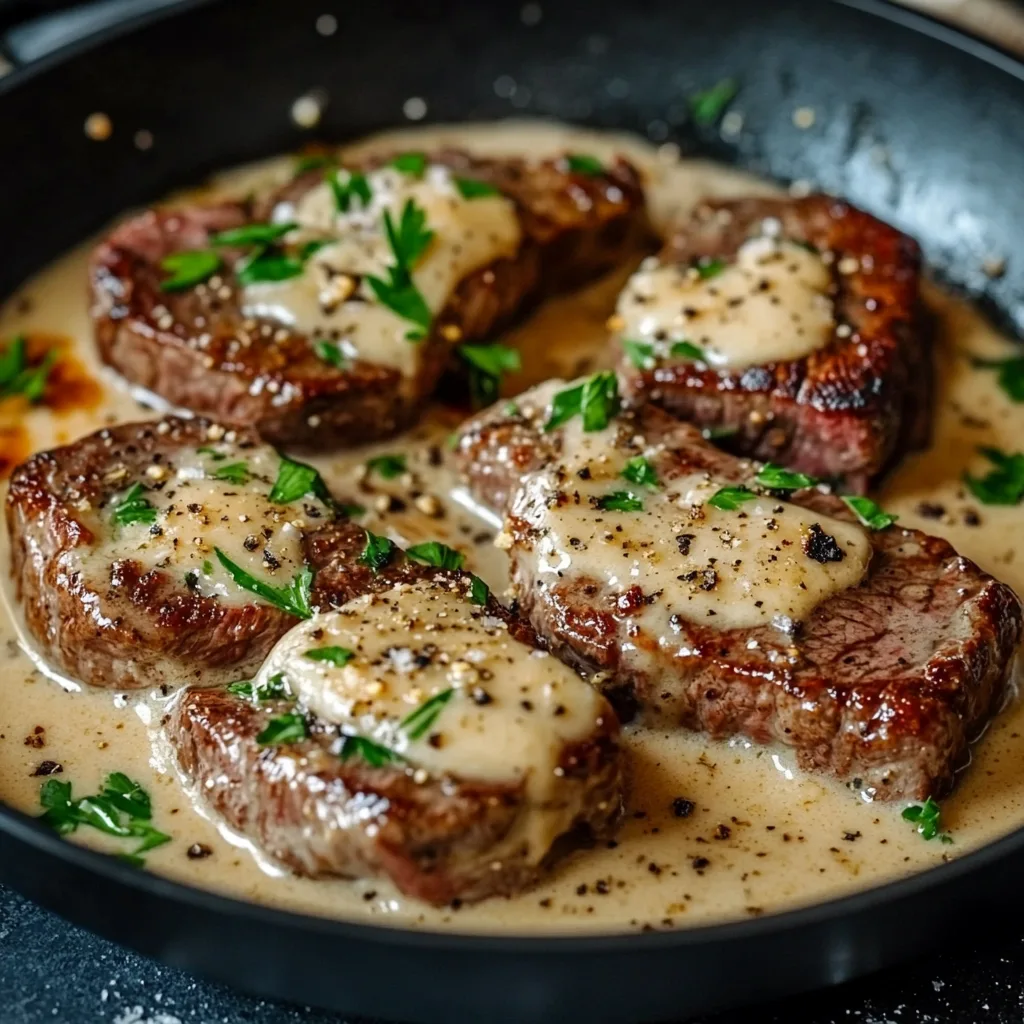 Närbild av en varm tallrik med vitlöks- och smörstekta biffbitar med krämig parmesansås, garnerad med färsk persilja.