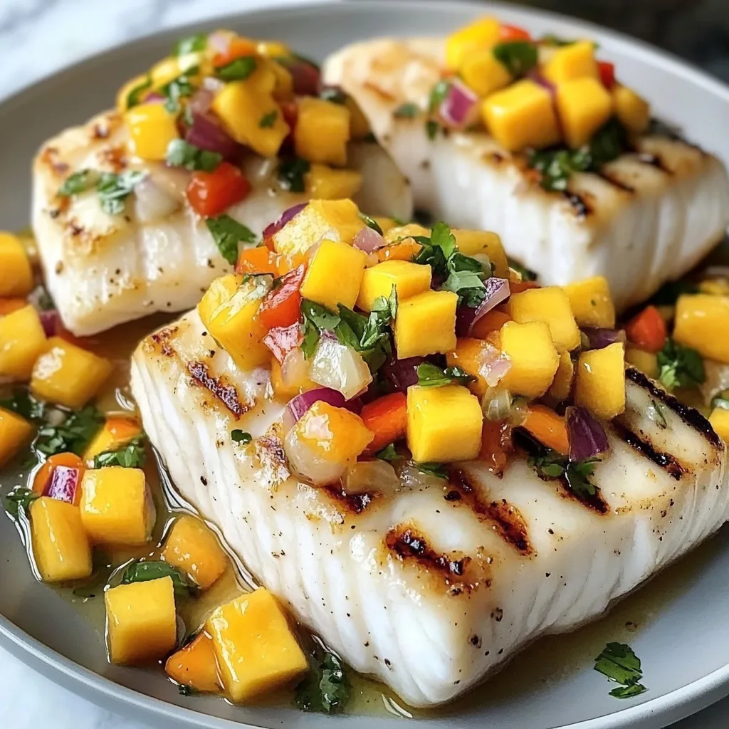 Närbild av en varm tallrik med grillad helleflundra med mangosalsa, garnerad med färsk koriander.