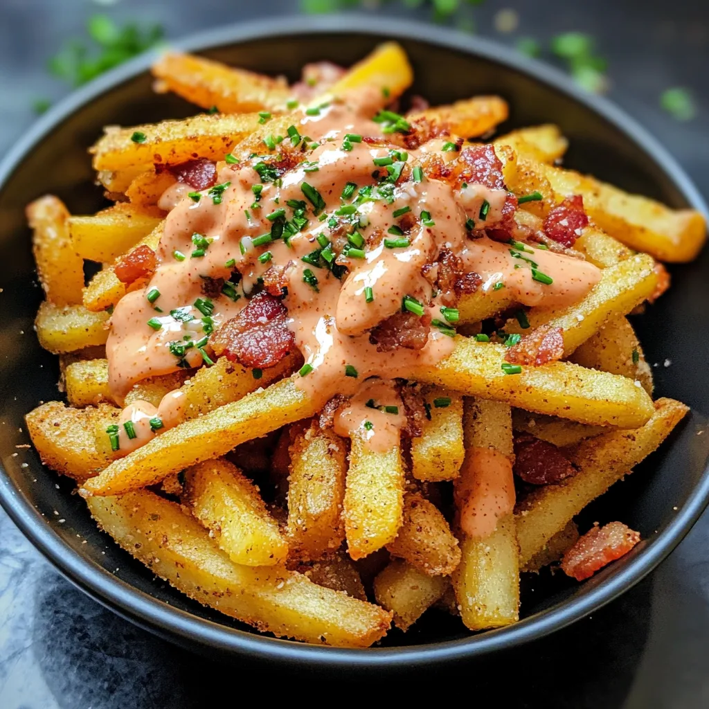 Närbild av en varm tallrik med hemmagjorda pommes frites med ost, bacon och sriracha-sås.