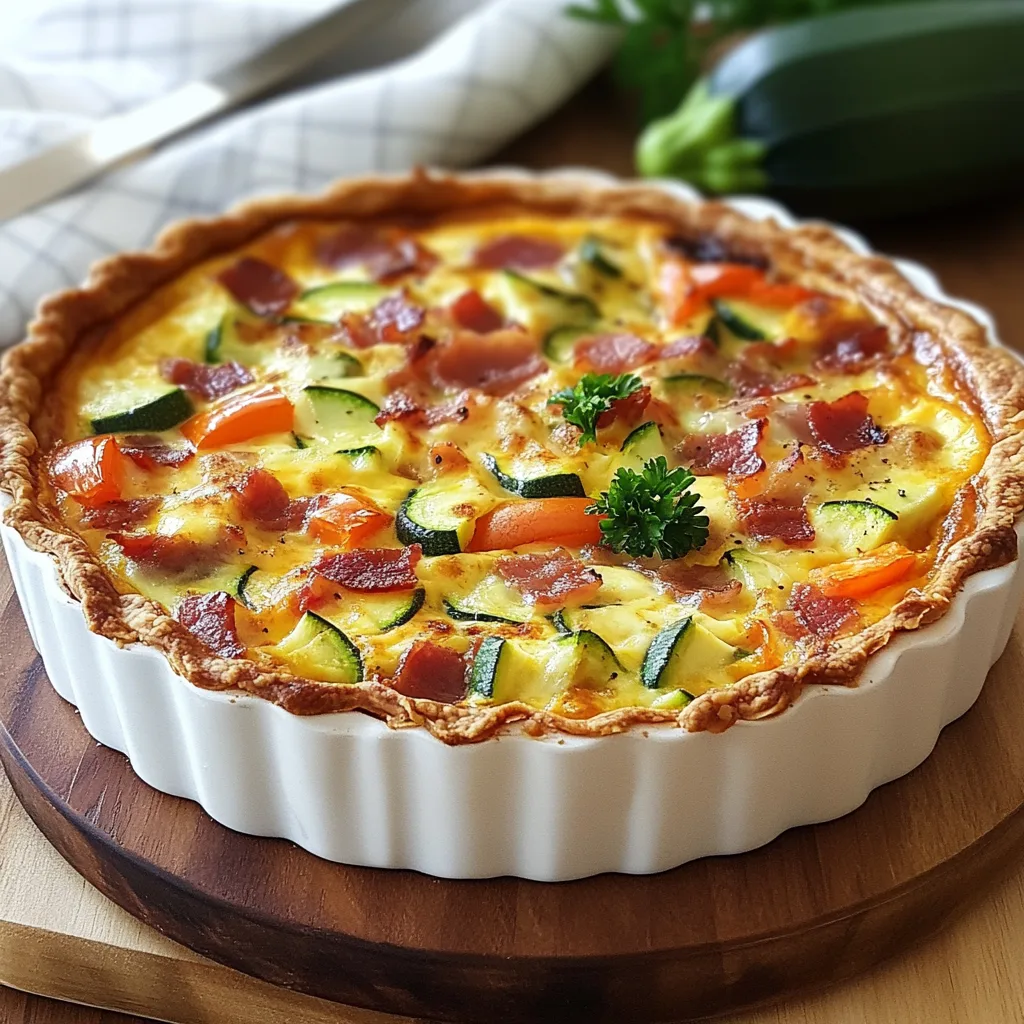 Närbild av en varm skål med lågkolhydrat quiche med bacon och grönsaker.
