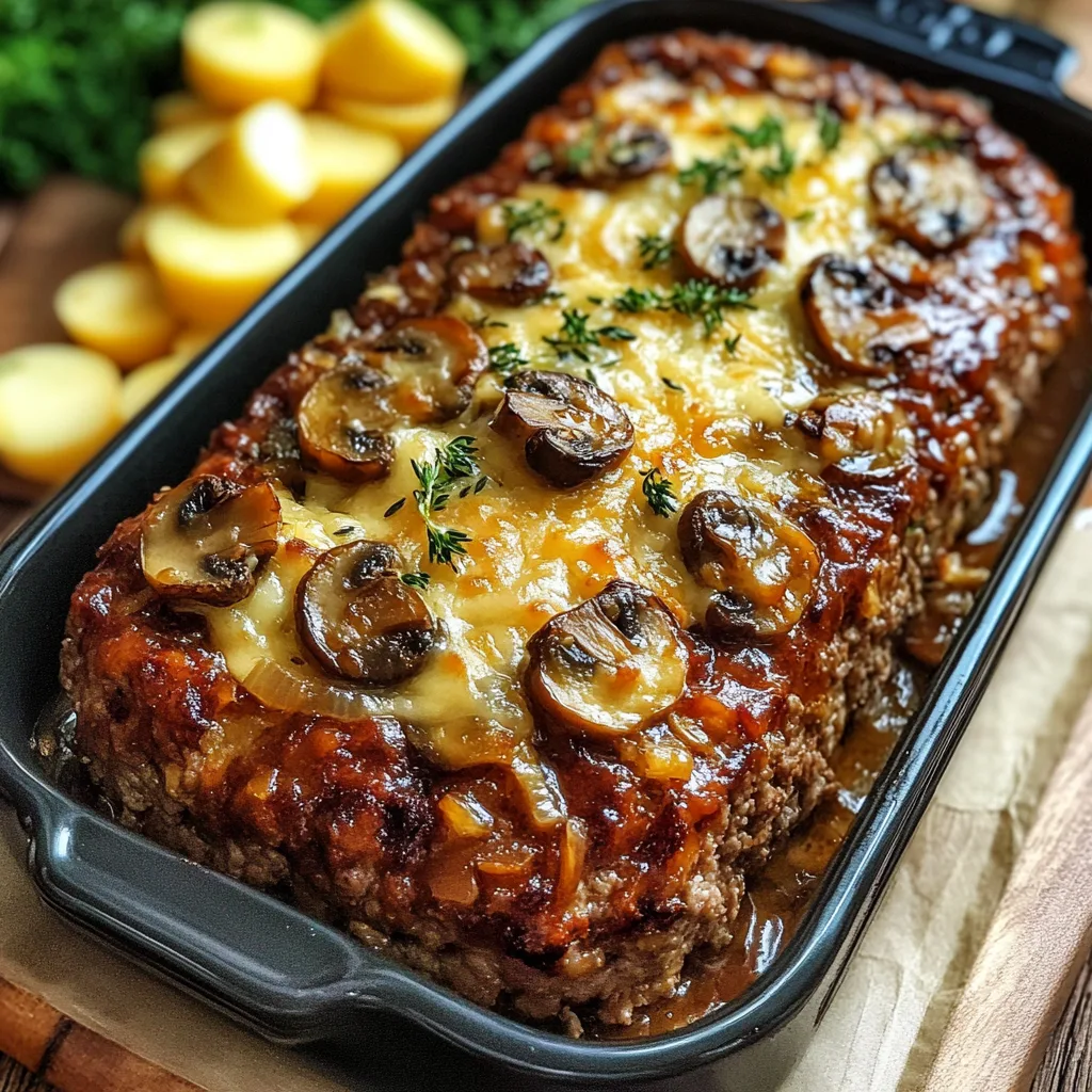Närbild av en varm ugnsform med köttfärslimpa med champinjon och svejzarost.