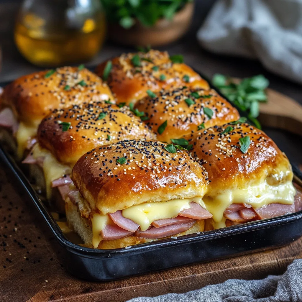 Närbild av en varm tallrik med ugnsbakade skink- och ostsliders, garnerade med sesamfrön.