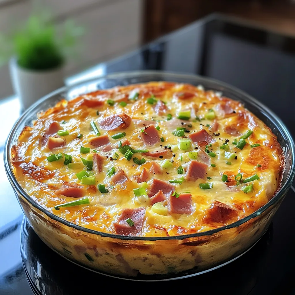 Närbild av en varm skål med enkel bottenlös quiche med rökt skinka.