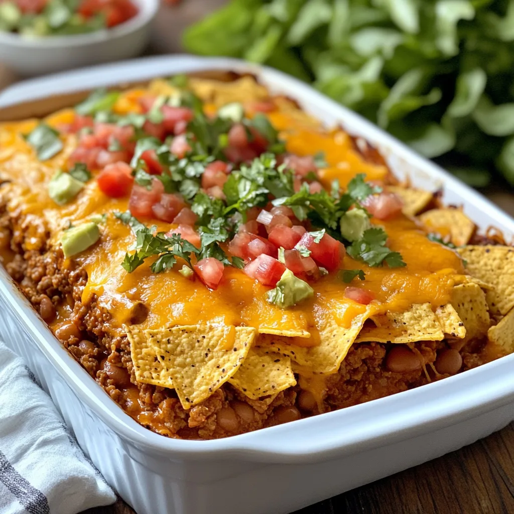 Närbild av en varm ugnsform med taco middagsgratäng.
