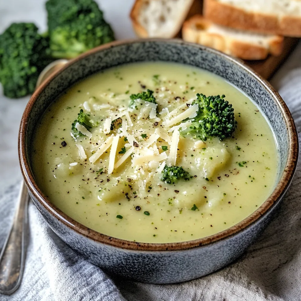 Närbild av en varm skål med broccoli- & potatissoppa med parmesan & krutonger.