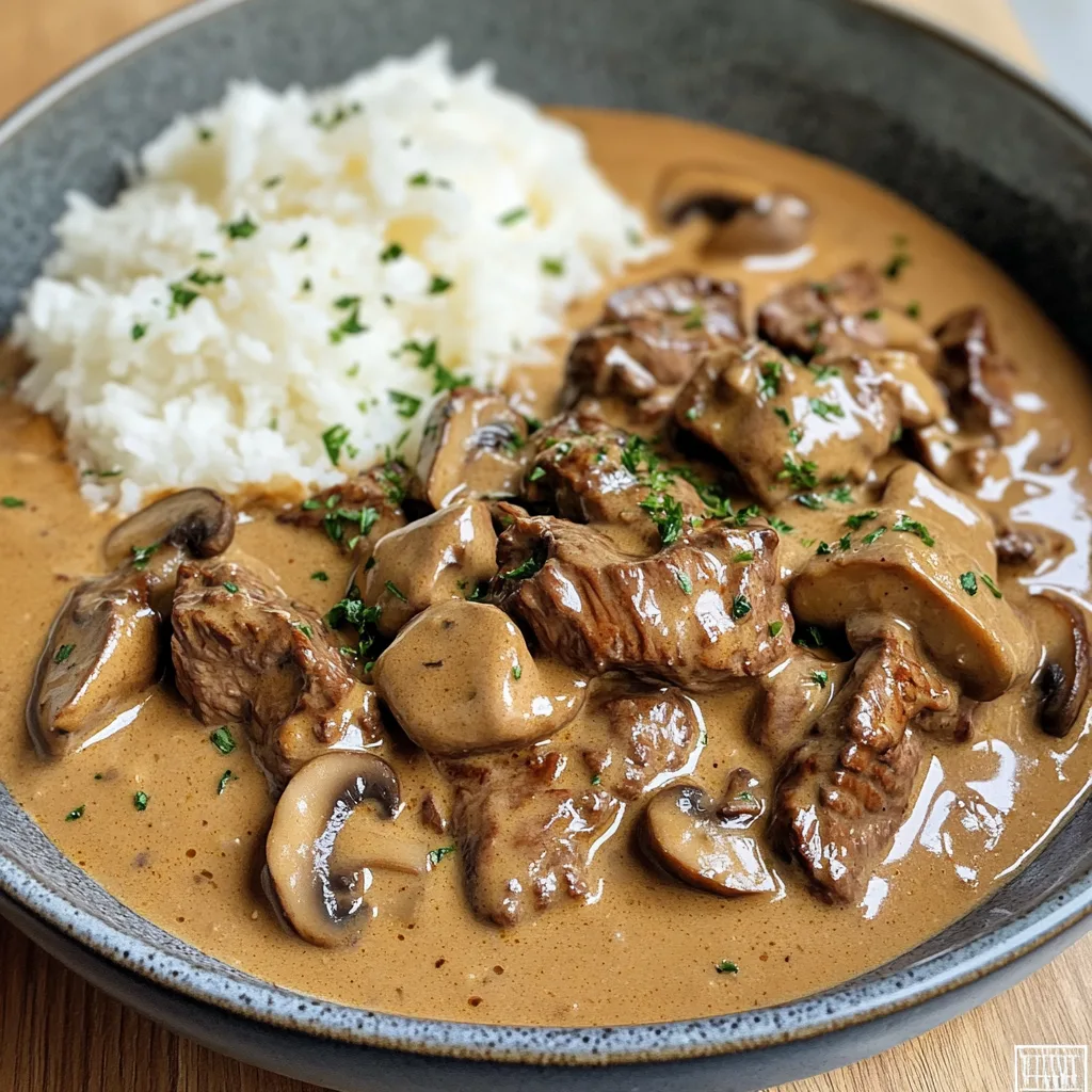 Närbild av en varm tallrik med klassisk biff stroganoff med syrlig crème fraîche, garnerad med färsk persilja.