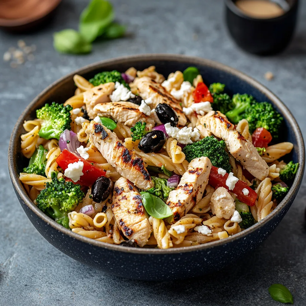 Närbild av en varm skål med kall pastasallad med grillad kyckling, broccoli och fetaost.