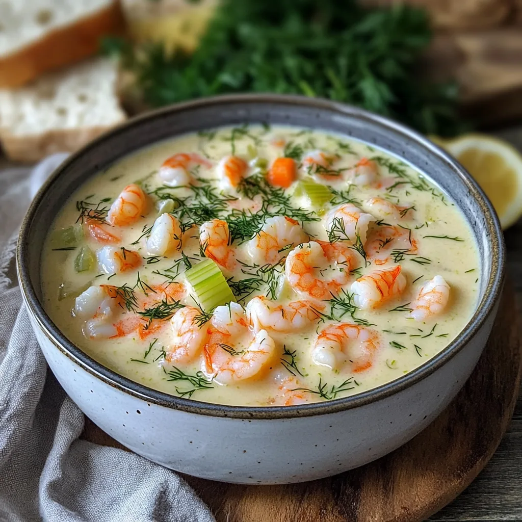 Närbild av en varm skål med gräddig fisksoppa med räkor och dill, garnerad med färsk dill.