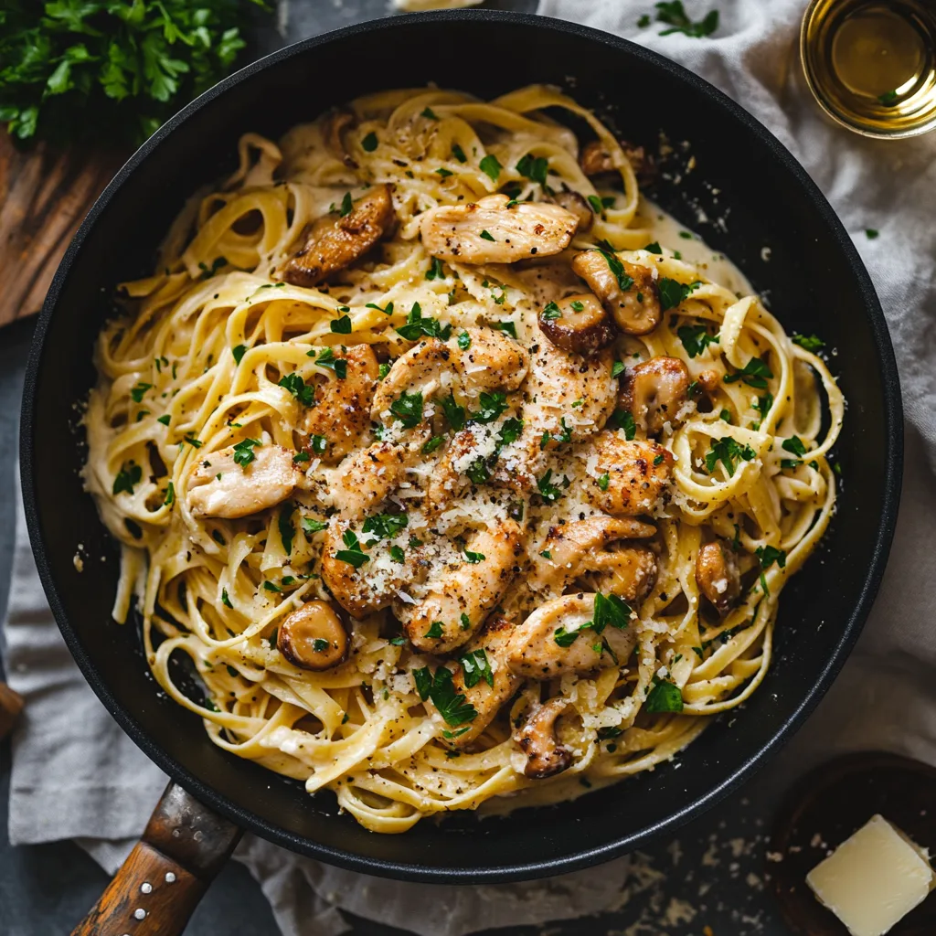 Närbild av en varm skål med krämig pasta med kantareller, kyckling och vitlökssmör, garnerad med färsk persilja.