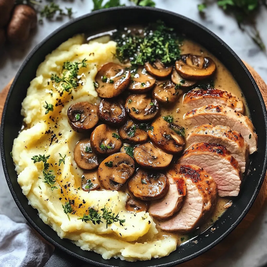 Närbild av en varm skål med gräddig fläskytterfilé med svampsås och krossad potatis, garnerad med färsk persilja.