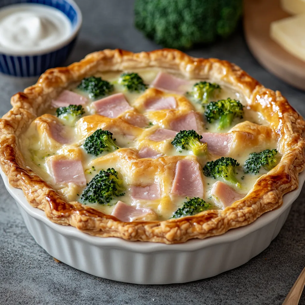 Närbild av en varm skiva paj med rökt skinka, broccoli och prästost.
