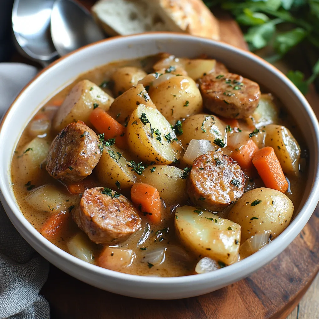 Närbild av potatis och korvgryta med tärnade potatisbitar och korvskivor i en krämig buljong, serverad i en gryta.