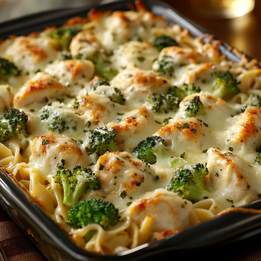 Närbild av en varm ugnsform med ugnsbakad kyckling och broccoli alfredo.