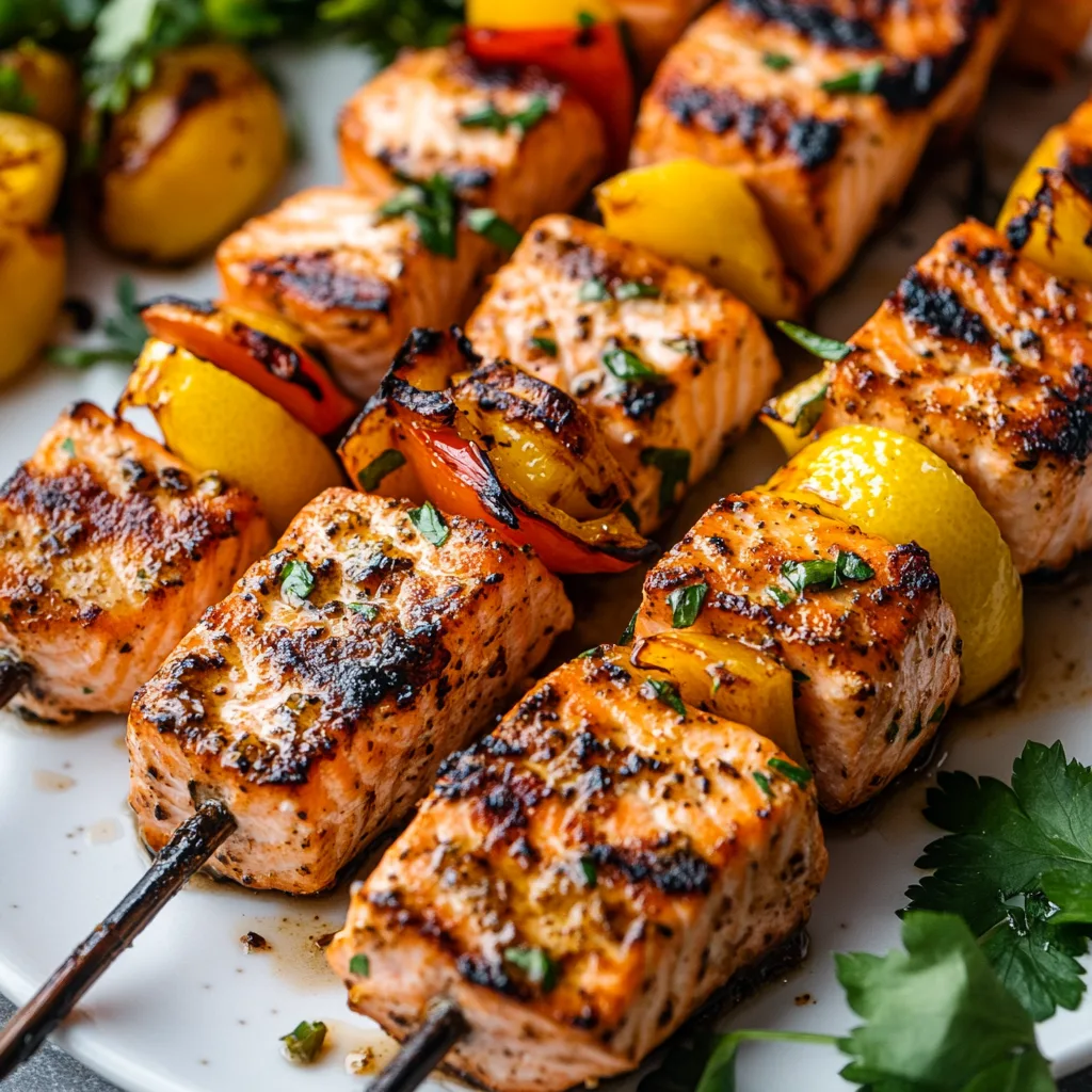 Närbild av grillade laxspett med vitlöksmarinad, serverad på en tallrik med en fräsch sallad.
