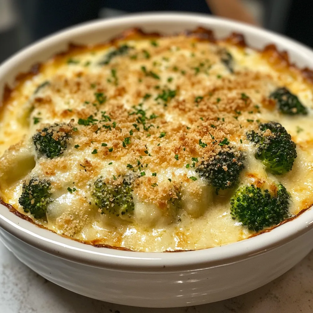 Närbild av broccoligratäng med gräddig sås och riven ost, serverad i en ugnsform med gyllene topp.