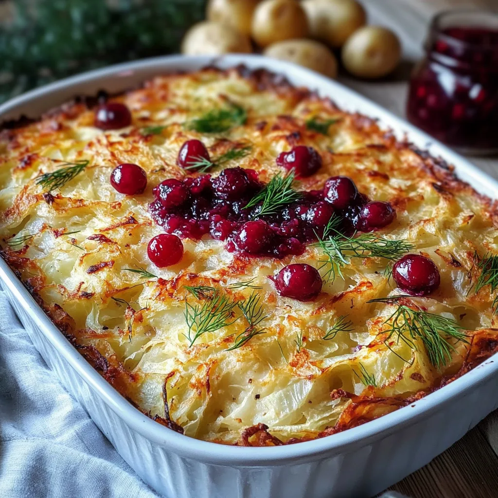Närbild av kålpudding med lingon och potatis, serverad på en tallrik med lingonsylt och kokt potatis.