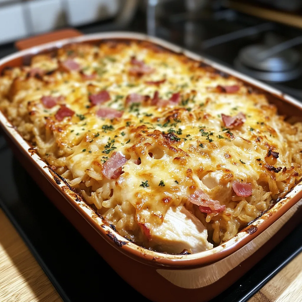 Närbild av ostig kyckling, bacon och risgratäng, serverad i en ugnsform med gyllene ost överst.