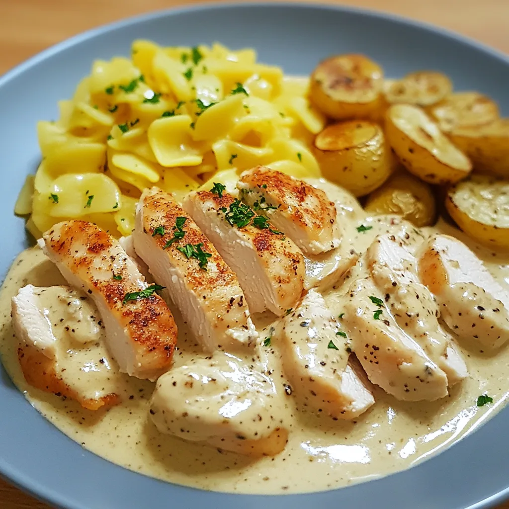 Närbild av kycklingfilé i krämig senapssås, serverad på en tallrik med ris eller pasta.