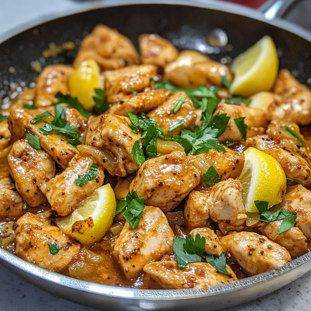 Närbild av kyckling med citronpeppar och kokos, serverad i en gryta med hackad koriander och en citronklyfta.