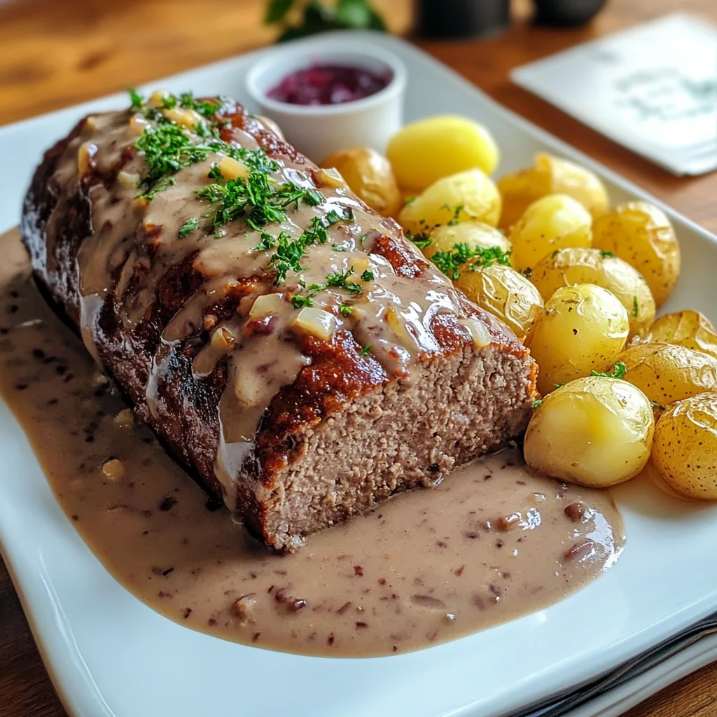 Närbild av klassisk köttfärslimpa med gräddsås och potatis, serverad på en tallrik med kokt potatis och lingonsylt.