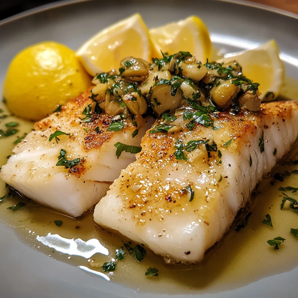 Närbild av en varm tallrik med torsk med vitlök-kryddsås och citron.