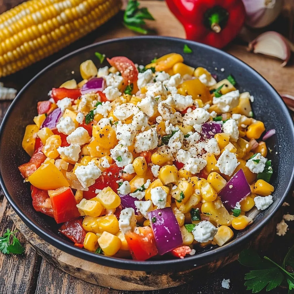 Närbild av majssallad med feta och paprika, serverad i en skål med tärnade paprikabitar och sönderbrötslad fetaost.