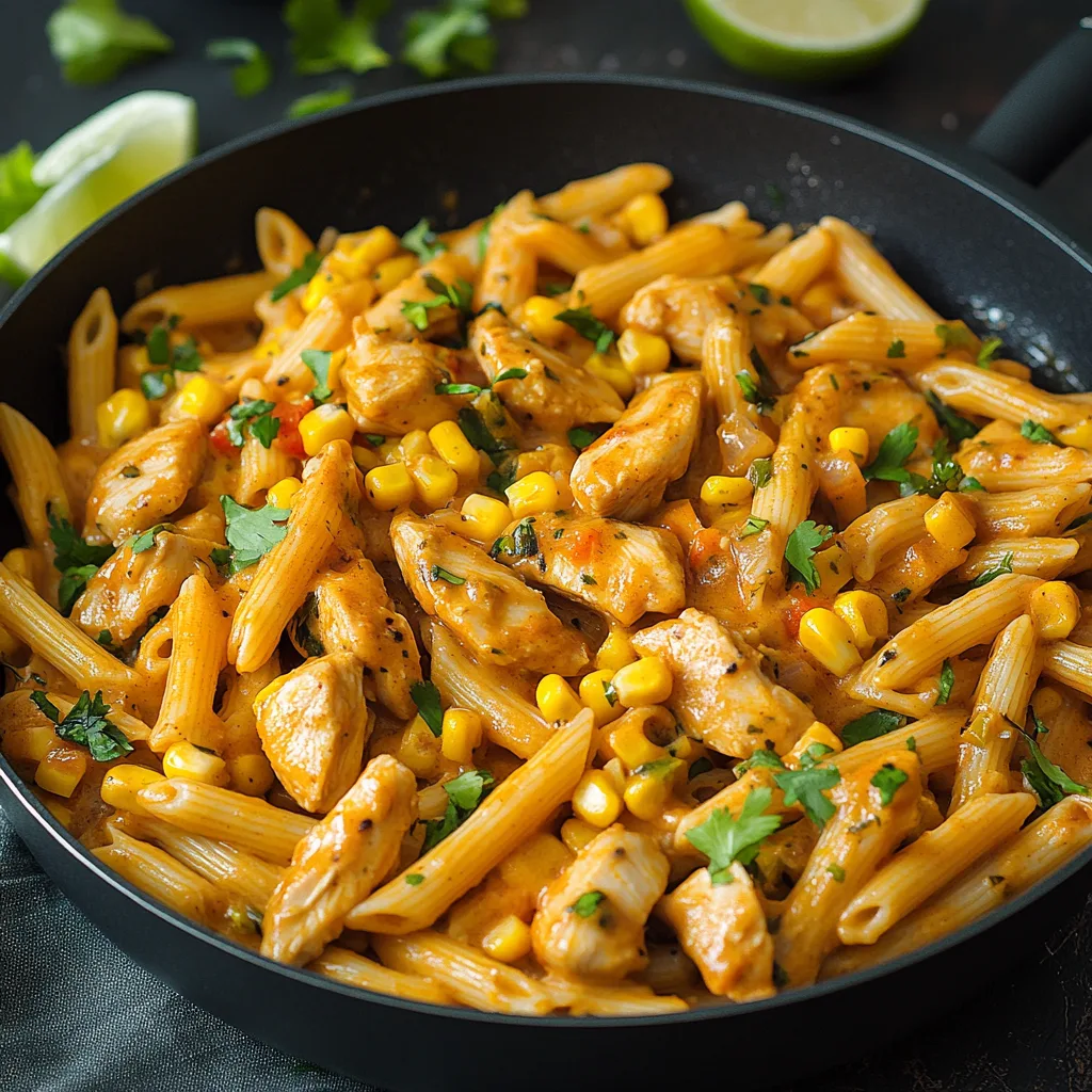 Närbild av krämig mexikansk pasta med kyckling, serverad i en skål med guacamole och en fräsch sallad.