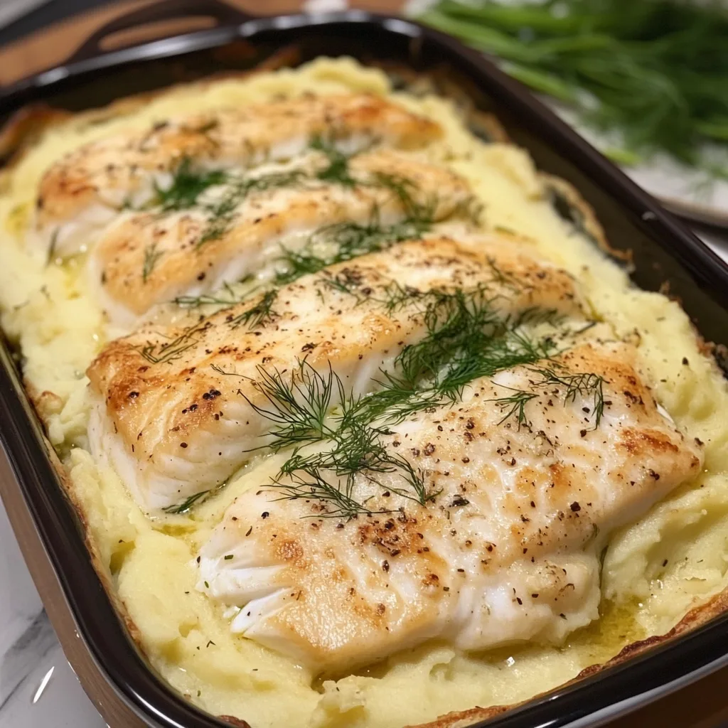 Närbild av en varm ugnsform med fiskgratäng med dill- och potatismos.