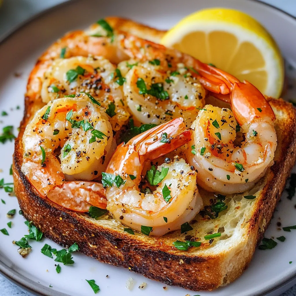 Närbild av vitlöksstekta räkor på rostat bröd, garnerat med färsk persilja och en citronskiva på en vit tallrik.