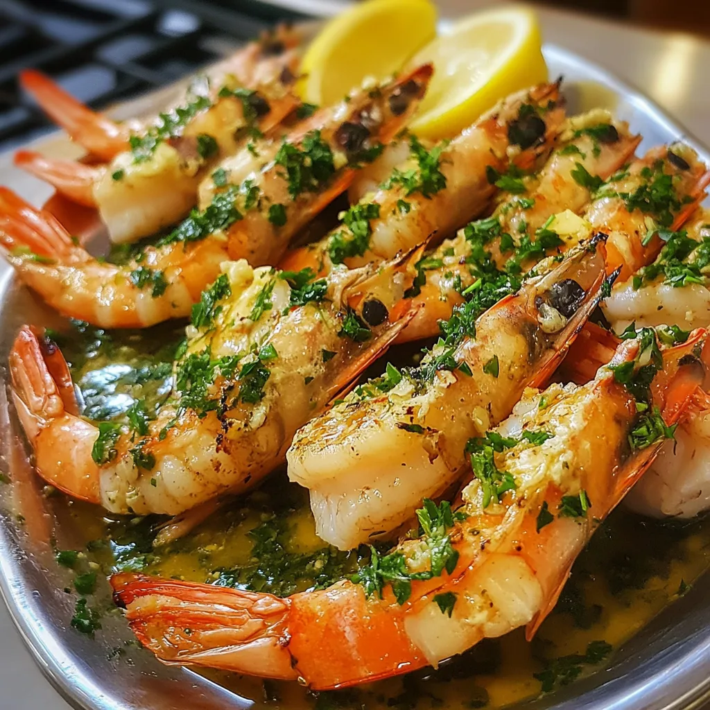 Närbild av grillade räkor med vitlöksmör och persilja, serverade på en vit tallrik med en citronklyfta.