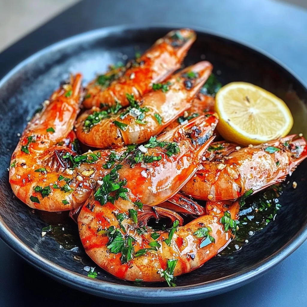 Närbild av grillade räkor med vitlökssmör och persilja, serverade på en vit tallrik med en citronskiva.