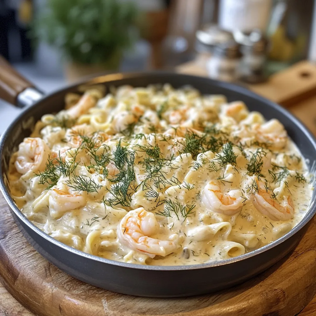 En läcker krämig räka och dill pasta, serverad på en tallrik med färska grönsaker och citronklyftor.
